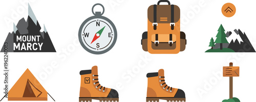 Set of camping and hiking icons including backpack boots tent compass mountains and signs outdoor adventure vector illustration