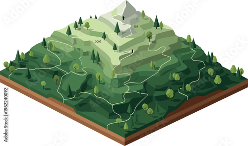 Isometric mountain terrain with layered landscape trees and contour lines detailed topographic map style vector illustration isolated on white