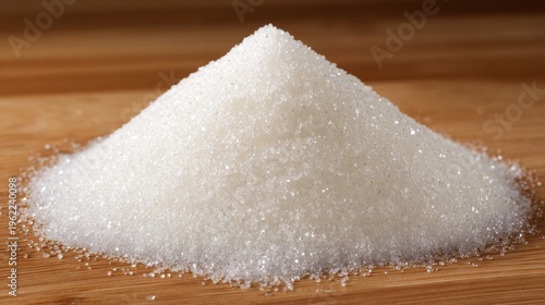 A soft mound of white granulated sugar piled high on a wooden surface, showcasing its fine crystalline texture