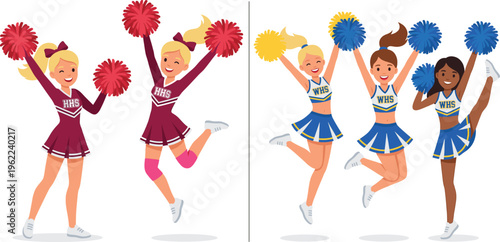 Cheerleader Girls Illustration Set with Pom Poms, Jumping Cheer Squad Characters, School Spirit Uniforms, and Team Performance for Sports and Event Design