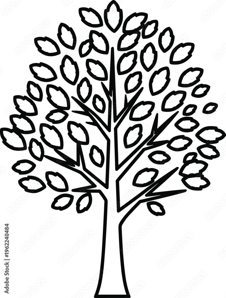Obraz premium Minimal hand drawn tree outline with abstract leaves simple black line art botanical illustration isolated on white background