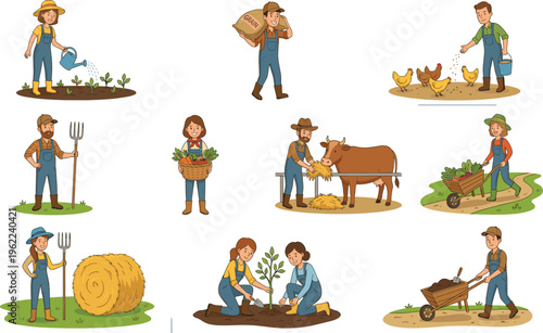 Farmers and Agriculture Illustration Set with Farming Activities, Planting, Harvesting, Livestock Care, and Rural Work Scenes for Organic Farming Design