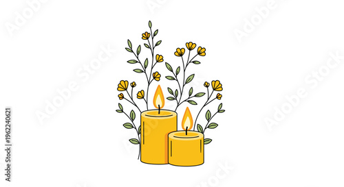 Two lit yellow pillar candles of varying heights are surrounded by green stems and small yellow flowers in a simple line art illustration.