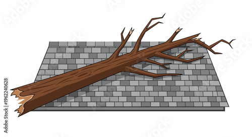 A large, bare, broken tree trunk with jagged ends lies horizontally across a gray tiled roof in a simplified illustration.