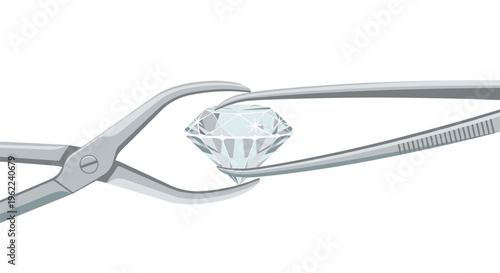 A sparkling, shaded diamond is held by curved jeweler's tongs with a distinct grip in a detailed illustration on a plain white background.