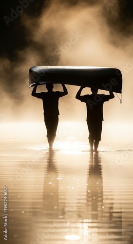 Two people carrying a heavy object.