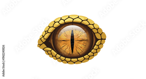 A highly detailed, golden-brown reptilian eye with a vertical slit pupil and textured scales is centered on a plain white background.