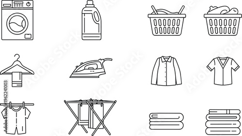Laundry Service and Clothing Care Icon Set Featuring Washing Machine Iron Detergent Drying Rack and Folded Apparel Symbols for Housekeeping Maintenance, Transparent Background PNG