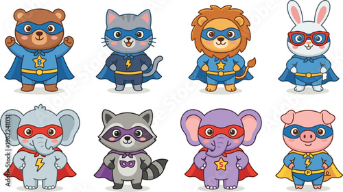 Cute Superhero Animal Characters Vector Set with Cartoon Bear, Cat, Lion, Rabbit, Elephant, Raccoon, and Pig Heroes for Kids Design