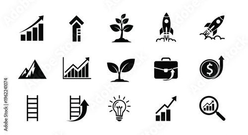 Business growth and finance icons set including growth charts plants briefcase and money symbols on white background