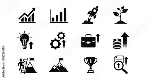 Business success icons set including growth profit leadership innovation and achievement symbols