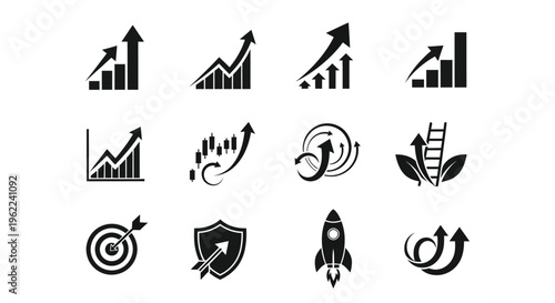 Business growth and success icons including graphs arrows targets shields and rockets on a white background