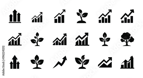 Set of black icons depicting business growth and ecology with graphs and plants on white background