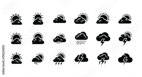 Weather icons set with sunny and cloudy conditions rain and thunderstorm symbols black on white background