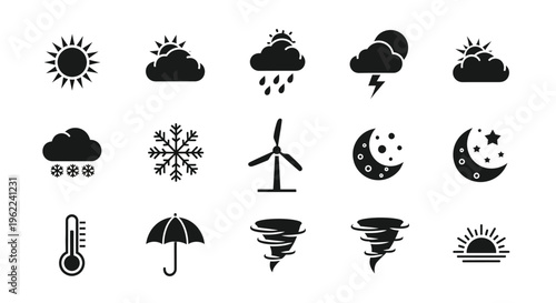 Weather icons set including sunshine clouds rain snow wind moon and temperature symbols in black on white background
