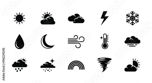Weather icons set including sun clouds rain wind temperature and snow symbols in black on white background