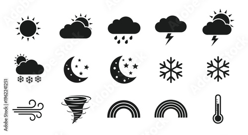 Weather forecast icons set including sun clouds rain snow moon stars wind tornado rainbow and thermometer on white background