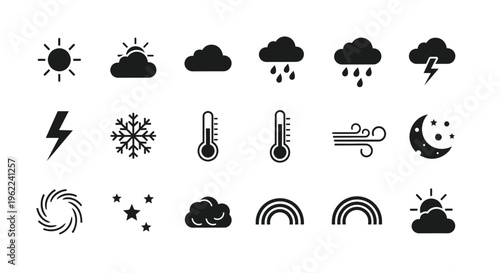 Weather forecast icons set with sun clouds rain snow and temperature symbols on white background