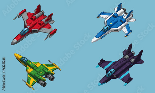 Four futuristic fighter jets fly through a clear blue sky with various colorful designs.