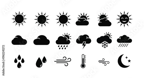 Weather forecast icons set various symbols for sunny cloudy rainy windy and stormy conditions