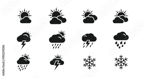 Weather forecast icons set with sunny cloudy rainy stormy and snowy conditions symbols for meteorology and climate