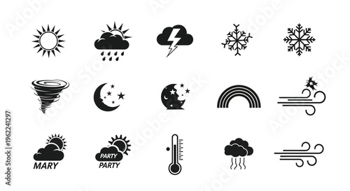 Weather forecast icons set including sun cloud rain snow tornado moon rainbow temperature wind and storm symbols in black on white background for meteorology and climate concepts