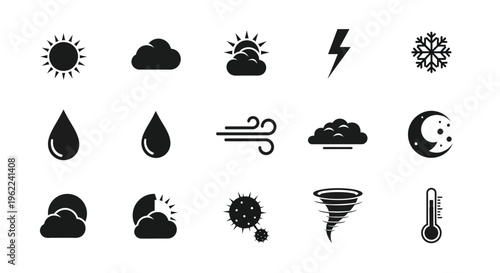 Weather icons set including sun cloud rain wind snow lightning and temperature symbols for forecasting and climate design