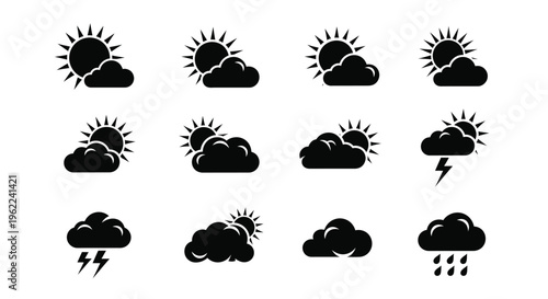 Weather icons set with sunny and cloudy conditions rain and lightning symbols various meteorological signs