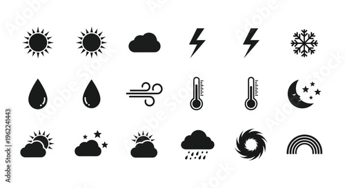 Weather forecast icons set including sun cloud rain snow wind temperature moon and rainbow symbols for meteorology and climate prediction