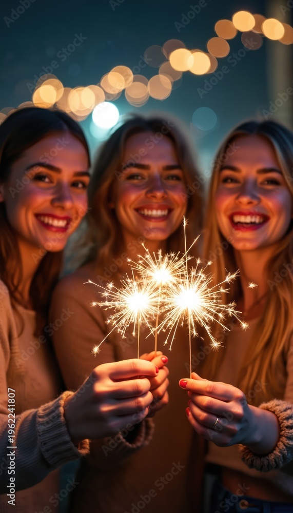 Fototapeta premium Three young women celebrate with sparklers at night. Friends share joy, smiles glow under bokeh lights. Festive mood with fireworks, happy girls have fun together outdoors. New Year.