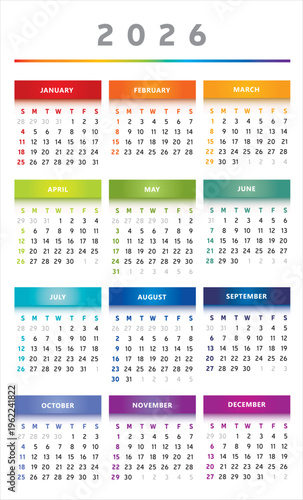 Calendrier 2026 en Anglais - Couleurs Arc-en-Ciel Format 3 Colonnes 4 Trimestres