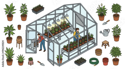 Isometric greenhouse illustration with gardeners and a set of plants and tools. Vector clip art for horticulture, gardening hobby, or small business concepts.