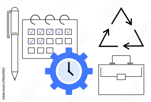 Time management, sustainable processes, business efficiency, workflow optimization, task planning, environmental awareness. Gear clock, checklist calendar recycling icon and briefcase. Time