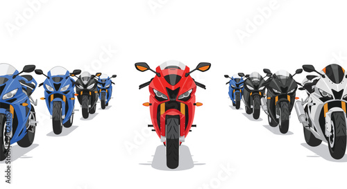 A red sport motorcycle stands centered, facing forward, flanked by receding lines of blue, black, and white motorcycles against a white background.