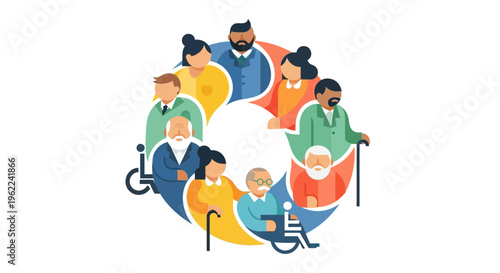 Diverse Community Circle: Flat Design Illustration of Inclusion, Unity, and Multigenerational People with Disabilities