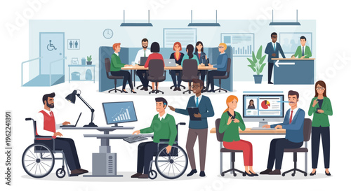 Inclusive Workplace: Diverse Business Team Collaborating in an Accessible Office Environment