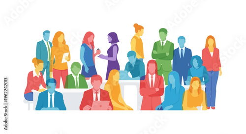 Diverse Business Team Collaboration: Modern Flat Design Illustration of Professionals Networking & Working Together