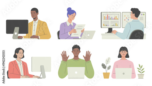 Diverse group of professional office workers engaged in various daily digital and computer tasks Vector