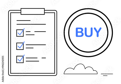 E-commerce concept. E-commerce checklist, action items, and buy button visualizing online shopping and consumer decisions. E-commerce simplifies purchases globally. For retail, marketing, business