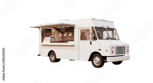 White food truck with open serving window isolated on transparent background