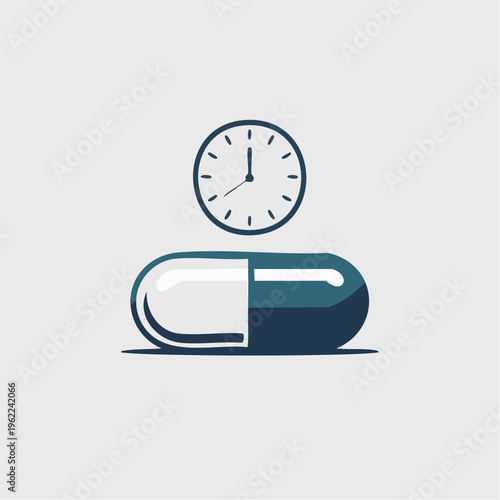 Minimal icon of capsule with clock, timed medication concept 