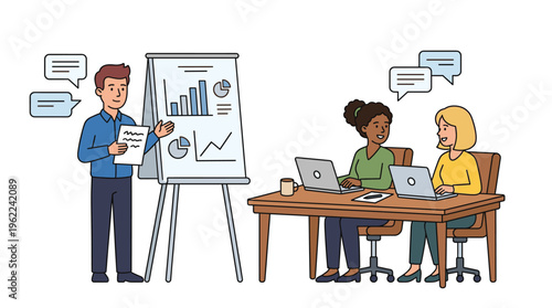 A diverse team in a business meeting. A man presents data on a flip chart to two women working on laptops. Vector illustration for corporate training and teamwork concepts.