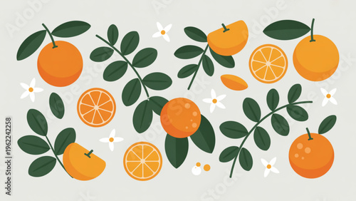 Quadro su tela A vibrant flat illustration featuring fresh oranges with green leaves and delica