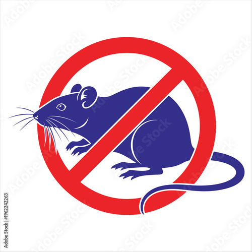 A blue silhouette of a rat inside a red prohibition sign indicates pest control measures and rodent elimination services.