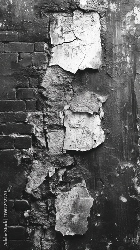 Old brick wall with peeling plaster. Black and white photo.