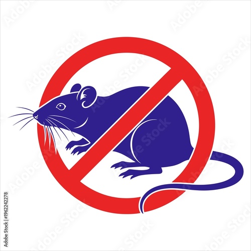 Photos Prohibition sign features a blue rat silhouette within a red circle and diagonal line, clearly indicating 'no rats' or rodent control, set against a clean white background