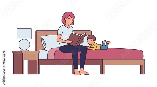 Mother reads a book to her son in the bedroom. A heartwarming vector illustration of family time, parenting, and bedtime stories for children.