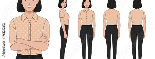 A young woman wearing a beige polka dot button down shirt and black trousers in multiple poses Vector