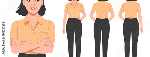 A young woman wearing a yellow polka dot button down shirt and dark trousers in various poses Vector