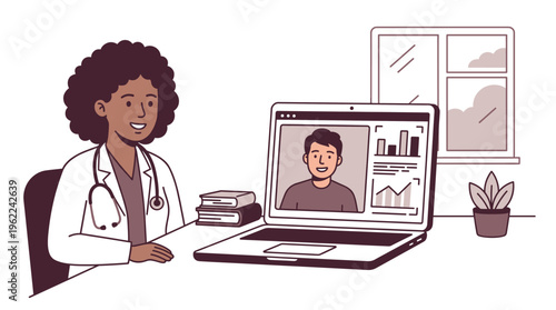 Female doctor providing online consultation to a male patient via video call. Concept for telemedicine, virtual healthcare, and remote medical advice technology.